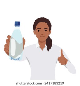 Healthy young woman showing bottle of mineral water and give thumb up. Flat vector illustration isolated on white background