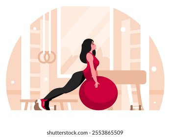 Healthy young woman showing Pilates exercise on fit ball. Fitness, workout and healthy lifestyle. A gym with a wall bars, a pommel horse, a bench, a weights and dumbbells. Vector graphics