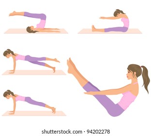 Healthy Young Woman Showing Pilates Exercise On A Mat. Fitness, Work Out And Healthy Lifestyle Illustration.