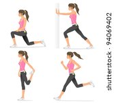 healthy young woman showing stretching exercise related to jogging or running. Fitness, workout and healthy lifestyle illustration. Isolated on white. Vector eps file.