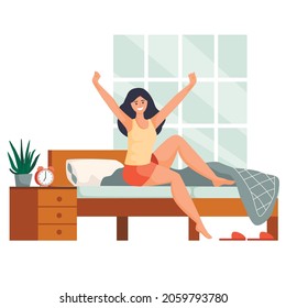 Healthy young woman waking up in the morning smiling and stretching his arms as he sits up in bed, colored vector illustration