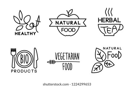 Healty, natural, vegetaran food linear logo set, healthy organic vegan food labels, restaurant, cafe bagges, bio products vector Illustration on a white background