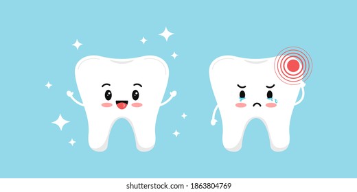 Diente sano sano y con dolor aislado en fondo azul. Carácter de dientes enfermos. Caricatura plana de niños dentales con ilustración vectorial herida. Concepto de tratamiento de prevención de la higiene dental