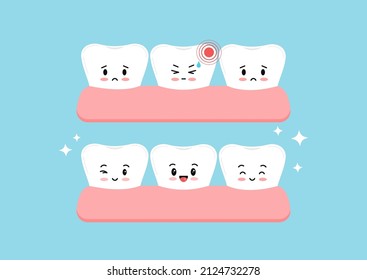 Healty tooth vs with pain ache isolated. Cute sick teeth in gum character. Flat cartoon dental kids mascot with hurt and toothache vector illustration. Dentistry hygiene prevention treatment concept.