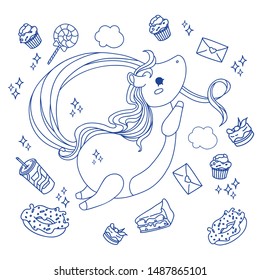 heand draw magic unicorn illustration with sweets set
