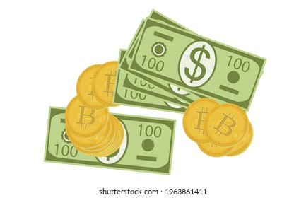 Heap of 100 US dollar bills and stack of virtual bitcoin coins isolated on white background. US dollars and Bitcoin digital gold in cartoon flat style. Vector illustration.Cash.