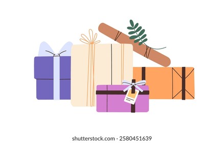 Heap of Birthday surprises in festive wrapping. Pile of wrapped Christmas gift boxes. Winter holiday giftboxes, different Xmas presents with tags. Flat isolated vector illustration on white background