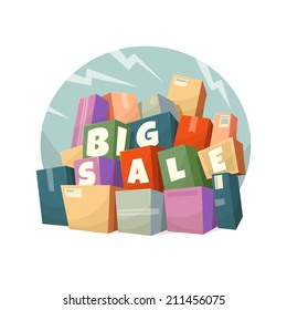 Heap of boxes with Big Sale text. Vector illustration.