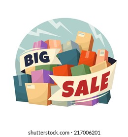 Heap of boxes with Big Sale text. Vector illustration.