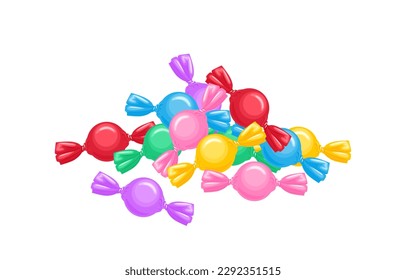 Heap of candy in colorful wrappers isolated on white background. Vector cartoon illustration of bright sweets.