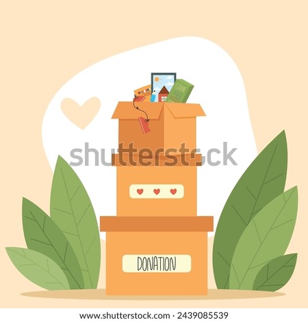 Heap of cardboard boxes with clothes and goods for charity. Three containers with toys, school supplies for kids
