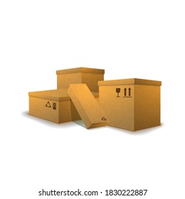 Heap of cardboard parcels with cargo signs isolated on white