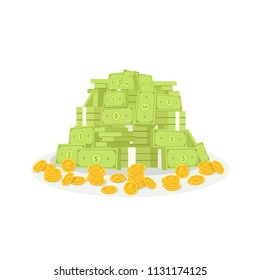 Heap of cash money and coins. Dollars money vector illustration.