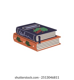 Heap of Christmas story books with ornamented cover. Pile of Xmas paper novels with decorated hardcover. Stack of fictions, tales. Symbol of library. Flat isolated vector illustration on white.