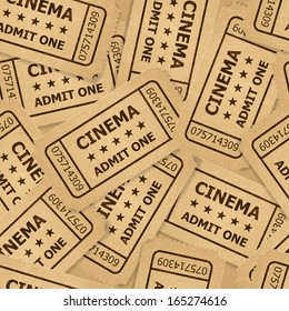 Heap of cinema tickets in retro style. Vintage symbol of film industry. Entertainment and leisure.  