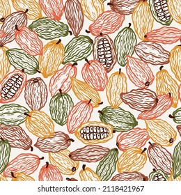 Montón de variedades de frijol de cacao patrón sin foco. Diferentes variedades de coloridos frutos de Cacao Pods. Ilustración del vector