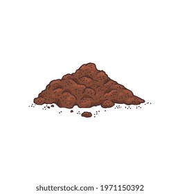 Heap of cocoa powder hand drawn engraving vector illustration isolated on white background. Ground cocoa beans ingredient for cooking, baking and chocolate.