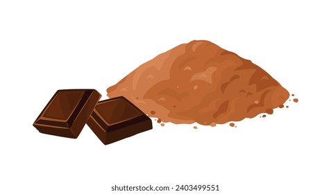 Heap of cocoa powder and pieces of chocolate isolated  on white background. Vector cartoon flat illustration.