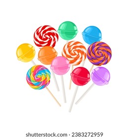 Heap of colorful lollipops on stick. Bright sweet candy isolated on white. Vector cartoon flat illustration. 