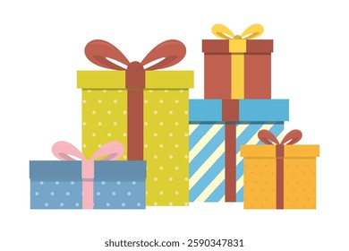 Heap of different colorful gift boxes. Collection of various paper present boxes isolated on white background. Design template. Celebration, holiday presents. flat style vector illustration