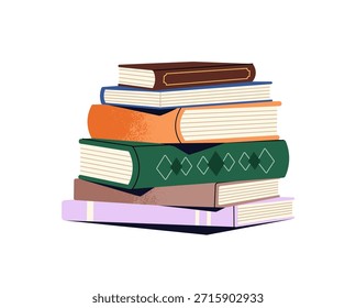 Heap von verschiedenen Papierbüchern mit gemusterten Abdeckungen. Haufen von Lehrbüchern, Literatur der Fiktion. Stapel von Romanen, Geschichten zum Lesen und Lernen. Flache, einzelne Vektorgrafik auf weißem Hintergrund