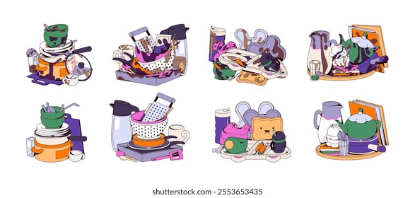 Heap of dishes before and after wash set. Piles of dirty and clean plates, bowls, cups. Stacks of different kitchenware, tableware, kitchen utensils. Flat isolated vector illustrations on white