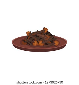 Heap of dried cloves in ceramic plate. Cooking ingredient. Aromatic spice. Culinary theme. Flat vector icon