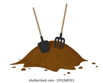 Heap of earth, heap of soil. Vector illustration on white background. Hayfork In A Pile Of Substrate.