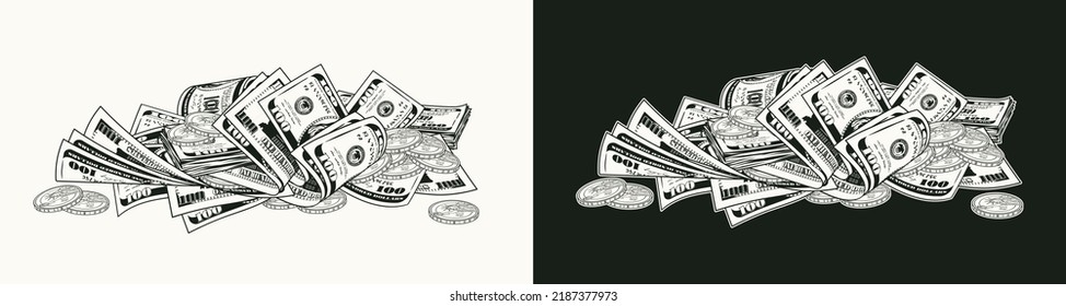 Heap of folded 100 dollar banknotes, bills, one dollar coins. Pile of cash money. Monochrome isolated vector illustration in vintage style.