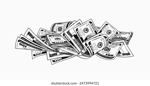 Heap of folded 100 dollar banknotes, bills. Pile of cash money. Black and white isolated vector illustration in vintage style.