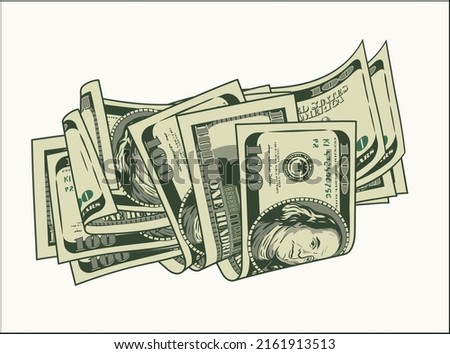 Heap of folded 100 dollar banknotes, bills. Pile of cash money. Color isolated vector illustration in vintage style.
