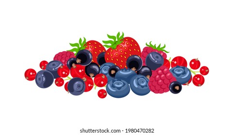 Heap of forest berry isolated. Vector cartoon strawberry, raspberry, blueberry, bilberry, red and black currant. Flat simple illustration.