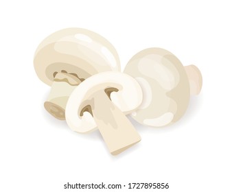 Heap of fresh appetizing champignon mushrooms vector graphic illustration. Composition of tasty vegan food ingredient isolated on white background. Organic fungus whole and cut into slices