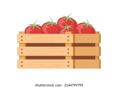 Heap fresh appetizing organic tomatoes in wooden box isometric icon vector illustration. Seasonal autumn eco friendly harvest vegetables pile. Garden vitamin crop in transportation container