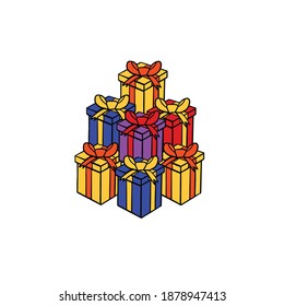 Heap of gift boxes cartoon isolated on white background. Surprise merry christmas present icon with bow, tape, ribbon. Celebration, decoration. Red blue yellow colorful print. Black friday. 