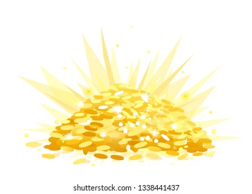 Heap of gold coins, big bright treasure of gold coins with bright lights illustration on white background, wealth concept