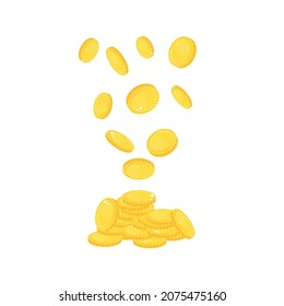 Heap of gold coins. Coins fall from above into a pile of money. Gold metallic money, no denomination, no currency. Vector illustration, flat minimal cartoon color design, isolated on white background.