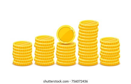 Heap of gold coins iflat vector style isolated on white background. Pile of money arranged as a graph