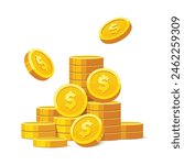 Heap of gold coins with us dollar currency sign vector illustration isolated on white background. Money coin stack pile. Business and finance concept design element.