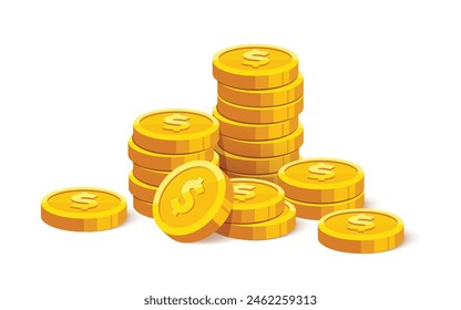 Heap of gold coins with us dollar currency sign vector illustration isolated on white background. Money coin stack pile. Business and finance concept design element.