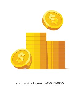 Heap of gold coins with us dollar currency sign vector illustration isolated on white background. Money coin stack pile. Business and finance concept design element.