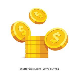 Heap of gold coins with us dollar currency sign vector illustration isolated on white background. Money coin stack pile. Business and finance concept design element.