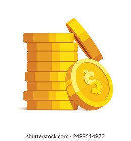 Heap of gold coins with us dollar currency sign vector illustration isolated on white background. Money coin stack pile. Business and finance concept design element.