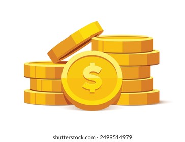 Heap of gold coins with us dollar currency sign vector illustration isolated on white background. Money coin stack pile. Business and finance concept design element.