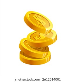 Heap of gold coins with us dollar currency sign vector illustration isolated on white background. Money coin stack pile. Business and finance concept design element. Vector 10 eps.