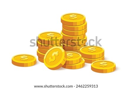 Heap of gold coins with us dollar currency sign vector illustration isolated on white background. Money coin stack pile. Business and finance concept design element.