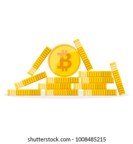 Heap of the golden bitcoins in flat design. Vector illustration. Bitcoin growth concept