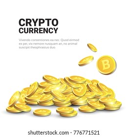 Heap Of Golden Bitcoins Over Template White Background With Copy Space Modern Digital Crypto Currency Concept Vector Illustration