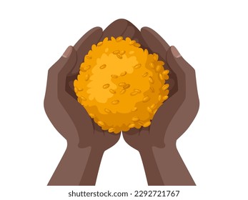 Heap of grains of wheat in human hands. Wheat and agriculture concept illustration. Isolated on white background. Stock vector.