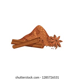 Heap of ground cinnamon, two rolled sticks and anise star. Fragrant condiment. Aromatic spice. Flat vector design